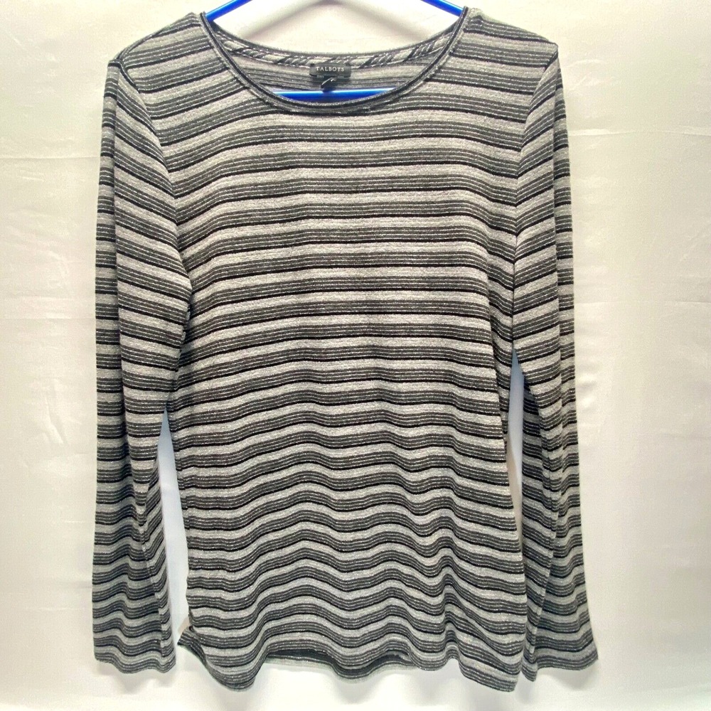 Talbots Long Sleeve Knit Top Women's Medium Silver Black Metallic Stripe Stretch